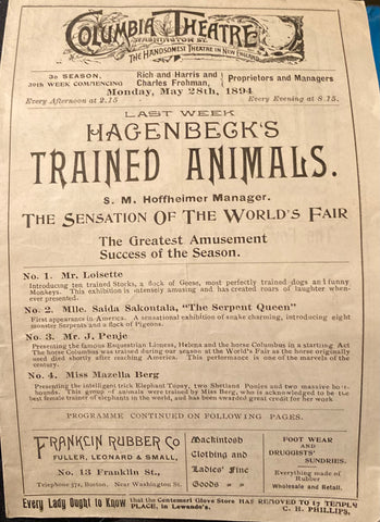 Columbia Theatre, Boston. "Hagenbeck's Trained Animals." May 28, 1894.