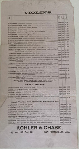 (Price List) Violins. Kohler & Chase, San Francisco. (No date, ca 1890s)