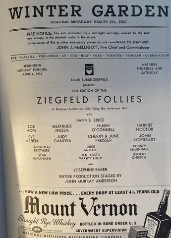 Ziegfeld Follies. NY. April 6, 1936. Fanny Brice, Bob Hope, Josephine Baker, Nicolas Brothers.