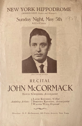 New York Hippodrome, NY. "Recital: John McCormack." May 5, 1929.