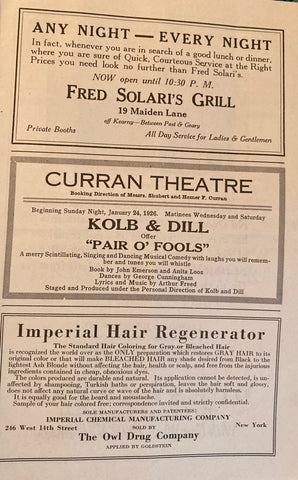 Kolb & Dill offer "Pair O' Fools." Curran Theatre, SF. Jan. 24, 1926.