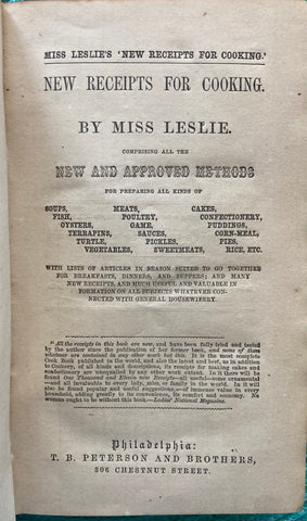 New Receipts for Cooking. By Miss Leslie. (1854)